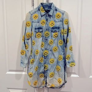 Hand painted smiley denim button up dress
